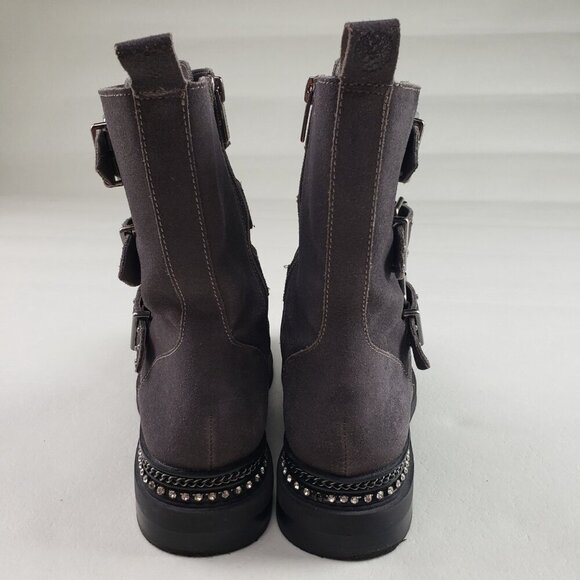 Vince Camuto Bobette Biker Boot Womens 9 Gray Suede Buckles Chunky Combat Stud - Picture 8 of 13